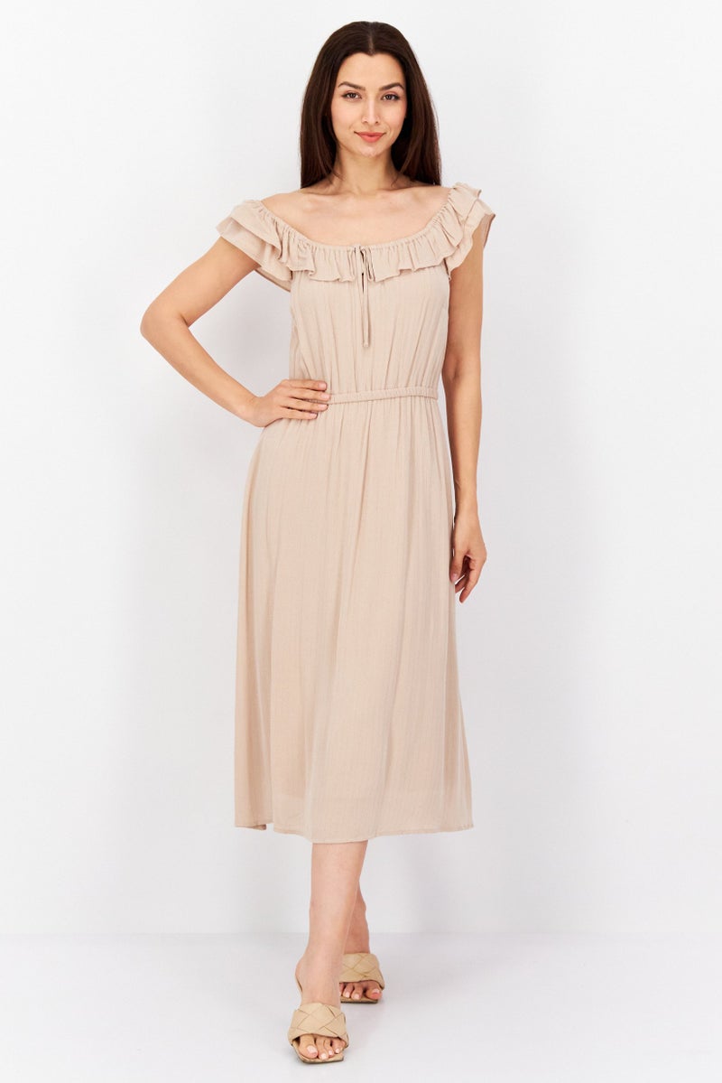 Women Metallic Midi Dress, Beige/Gold