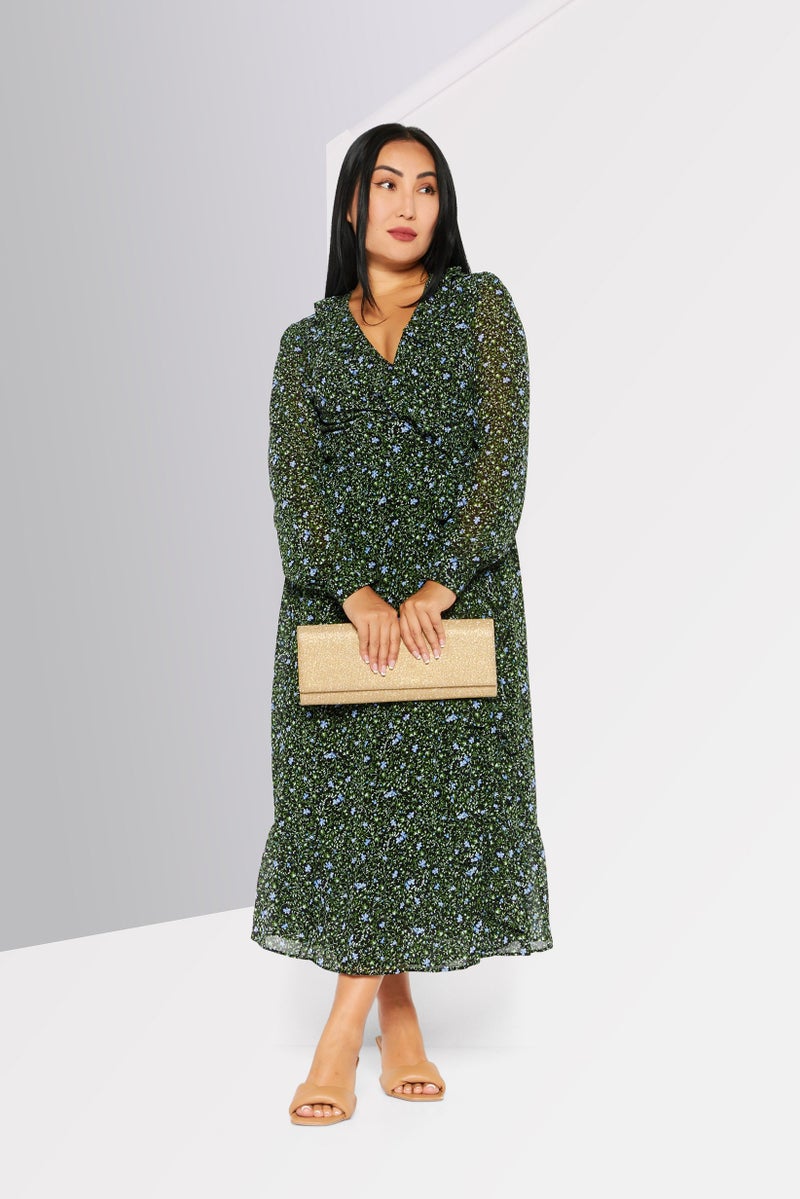 Women Floral Print Wrap Dress, Black/Green