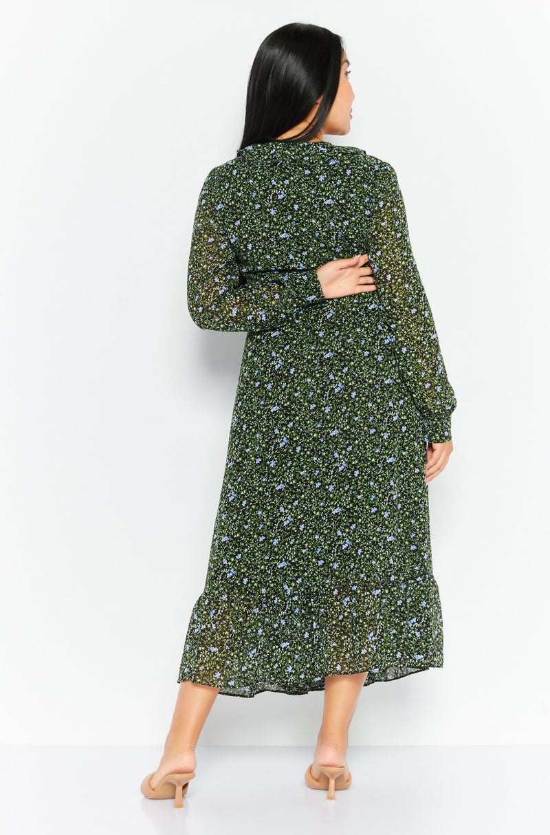 Women Floral Print Wrap Dress, Black/Green