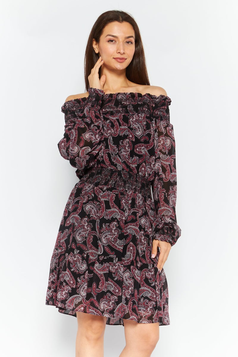 Women Paisley Print Mini Dress, Black Combo