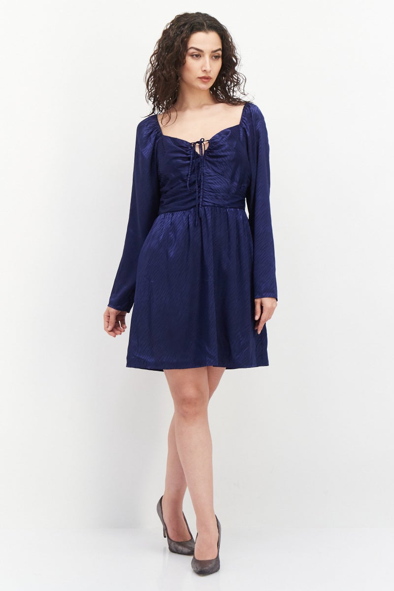 Women Ruched Square Neck Cocktail Dress, Navy Blue