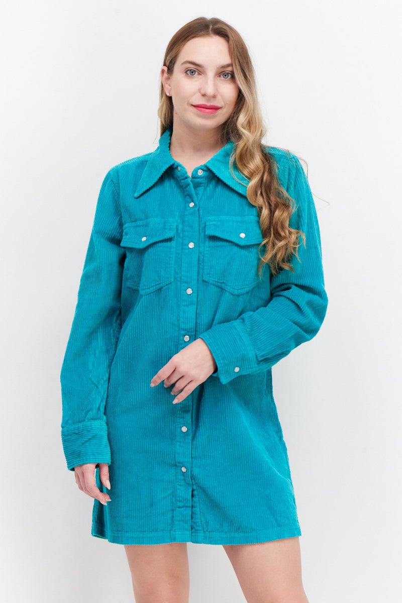 Women Plain Mini Shirt Dress, Green