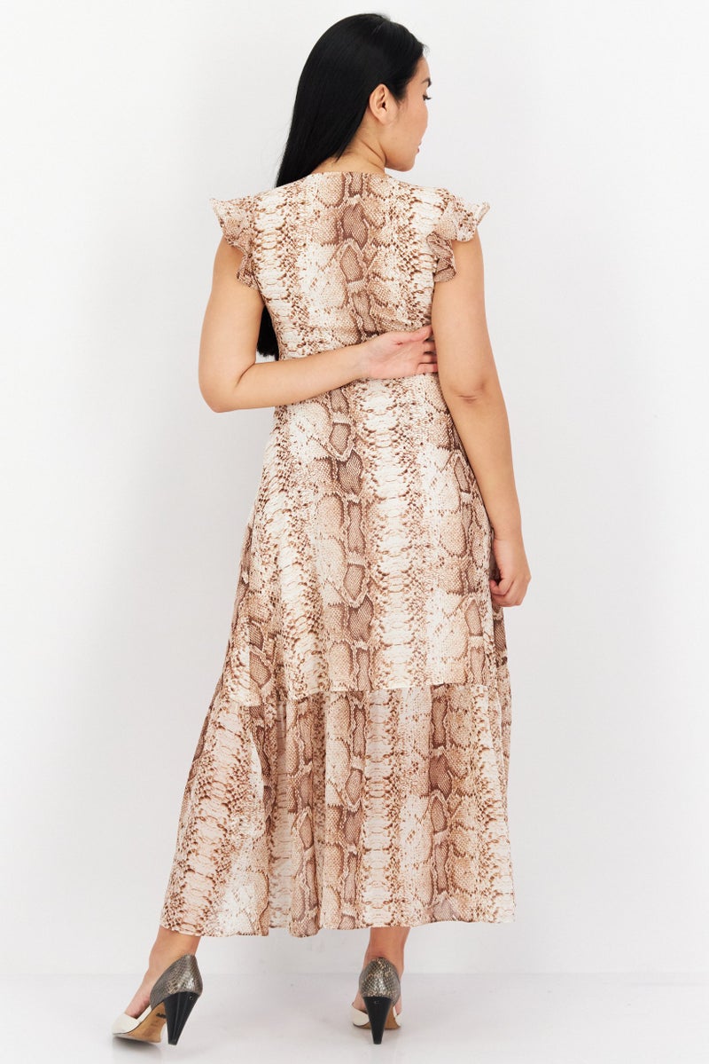 Women Petite Snake Print Wrap Maxi Dress, Brown/Beige