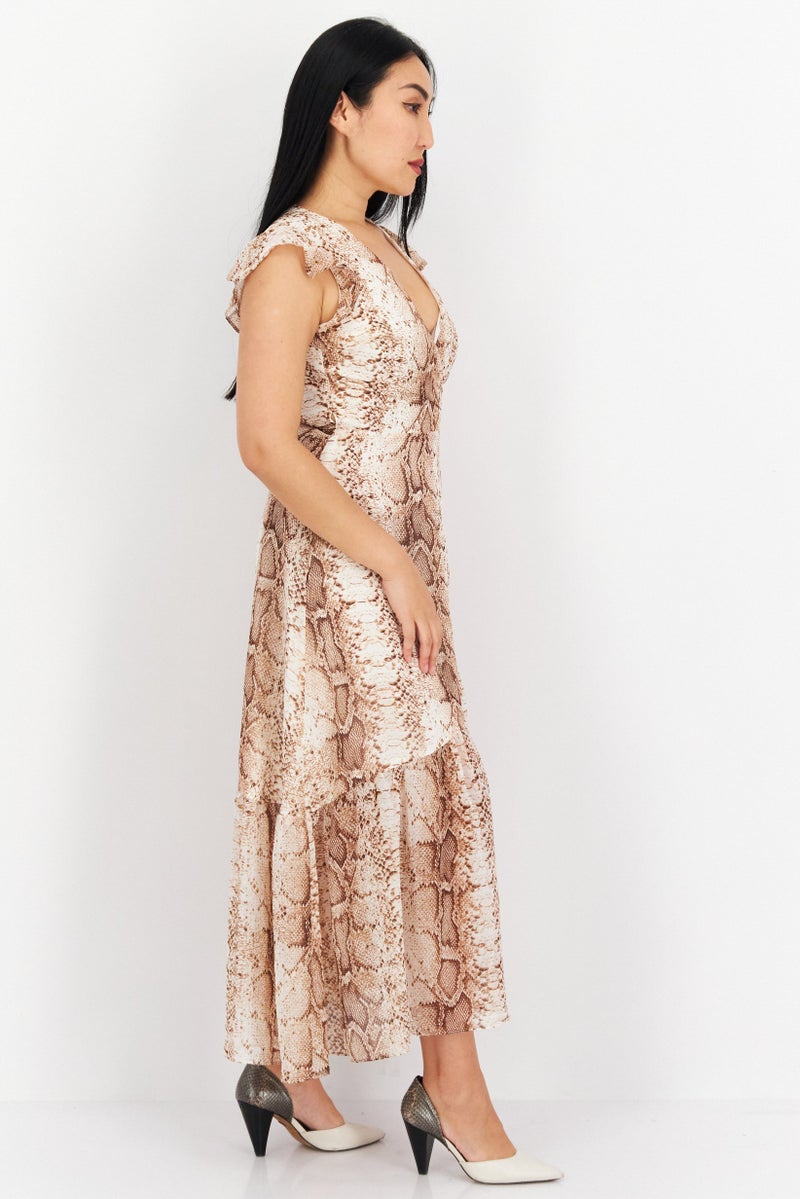 Women Petite Snake Print Wrap Maxi Dress, Brown/Beige