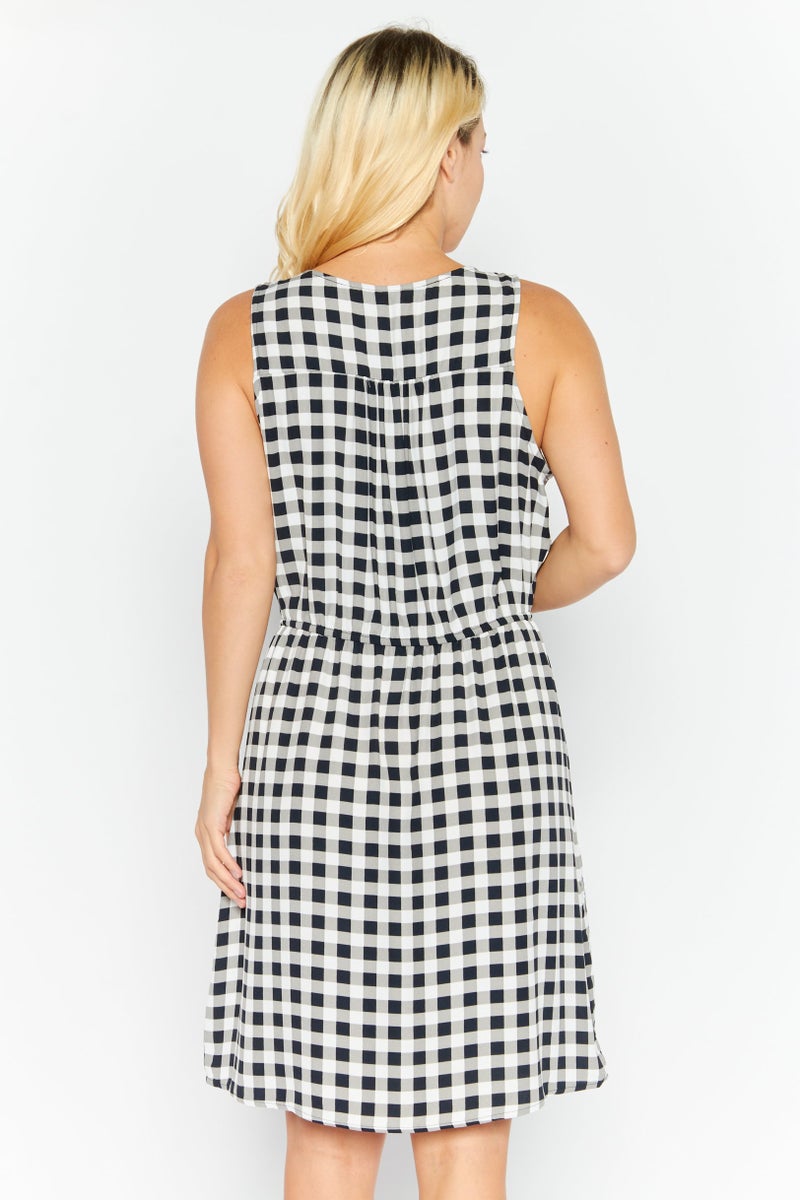 Women Checkered Midi Casual Dress, Black