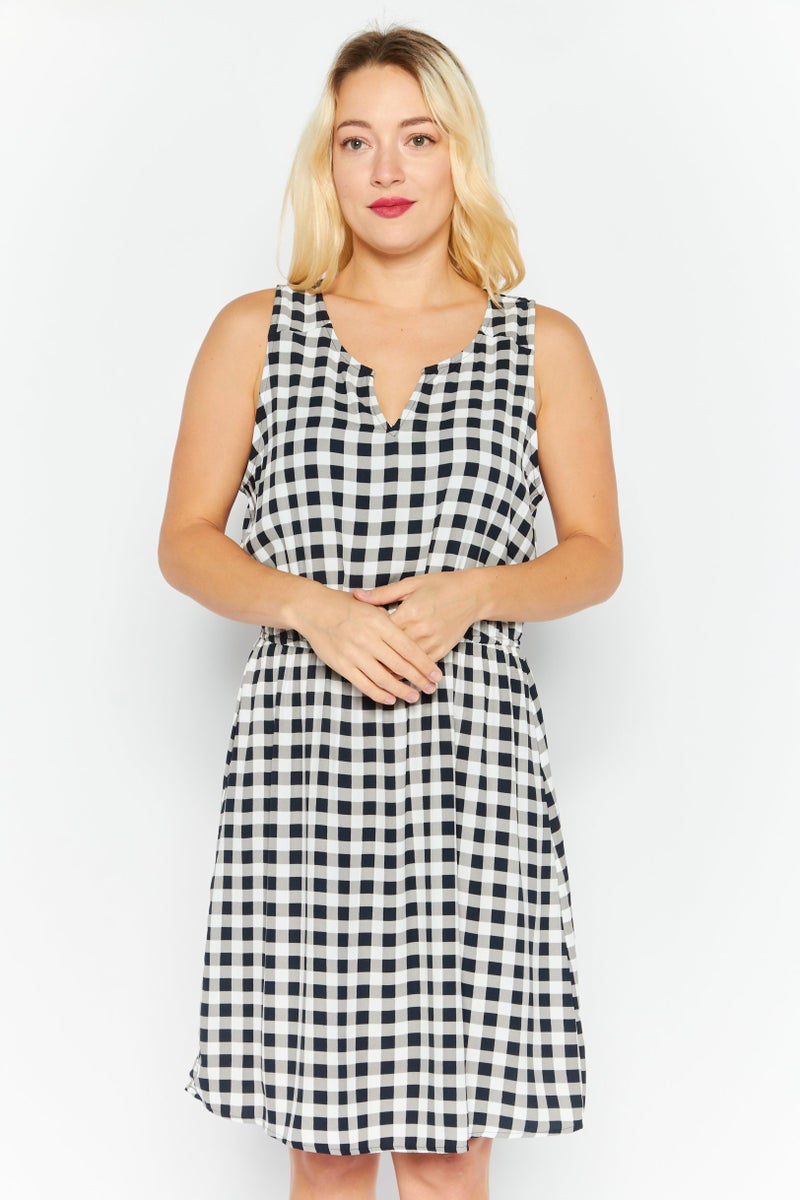 Women Checkered Midi Casual Dress, Black