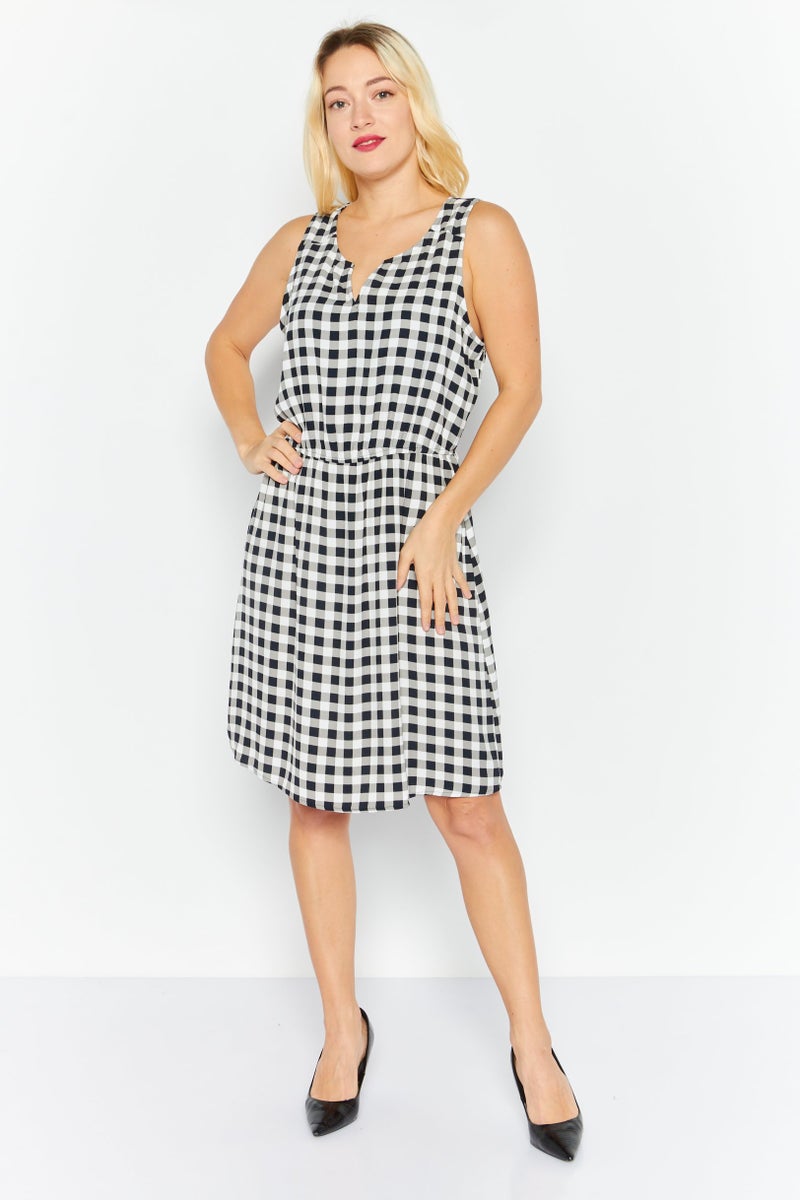 Women Checkered Midi Casual Dress, Black