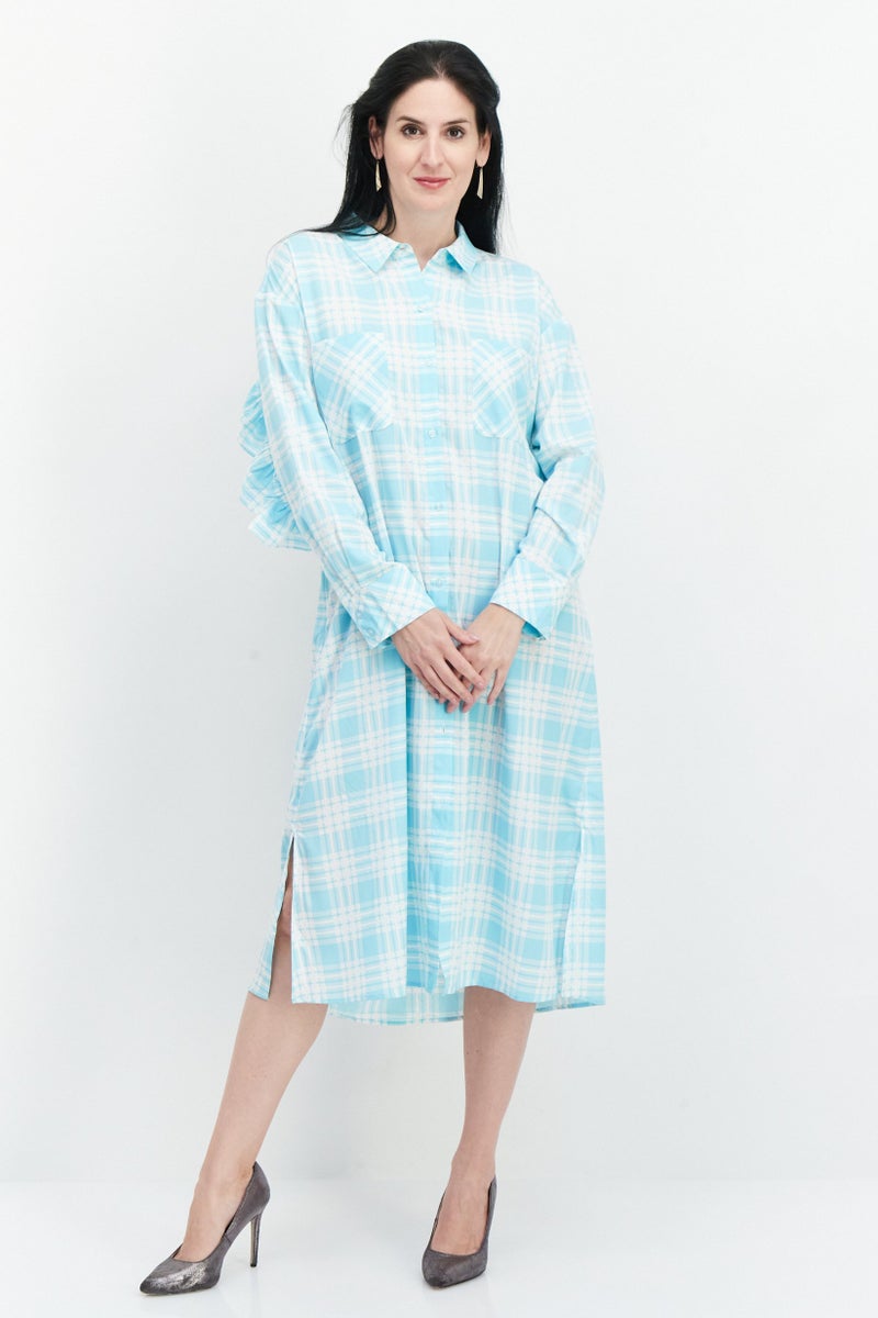 Women Plaid Shirt Dress, Light Blue