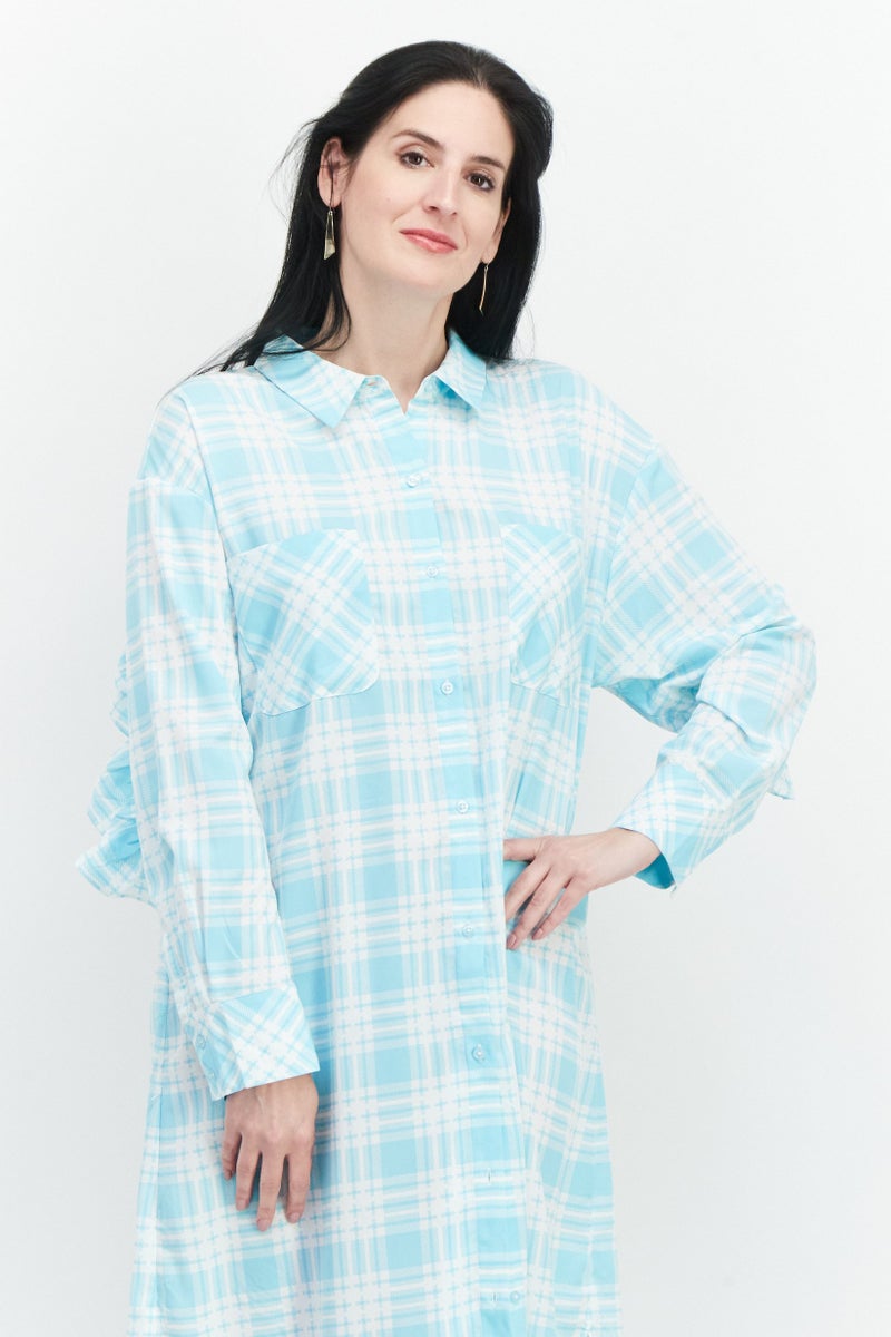 Women Plaid Shirt Dress, Light Blue