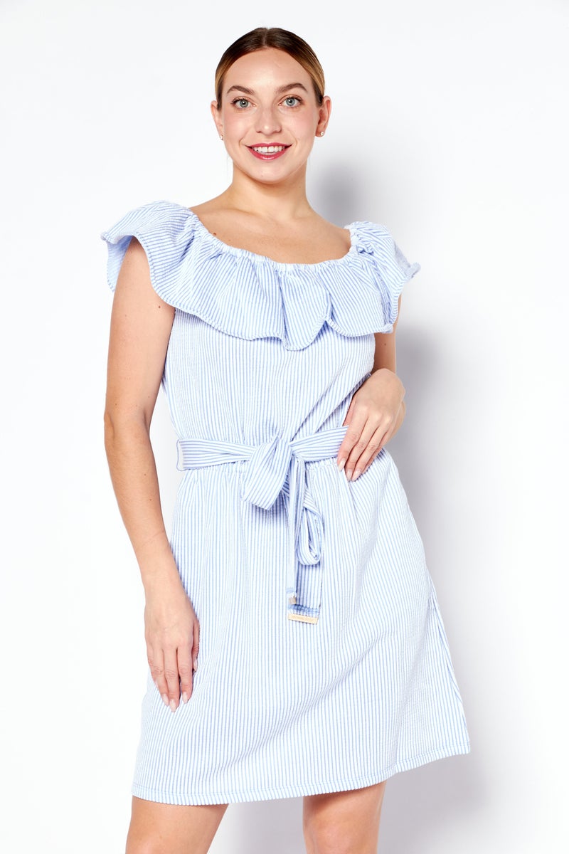 Women Off Shoulder Short Sleeve Stripe Mini Dress, Blue