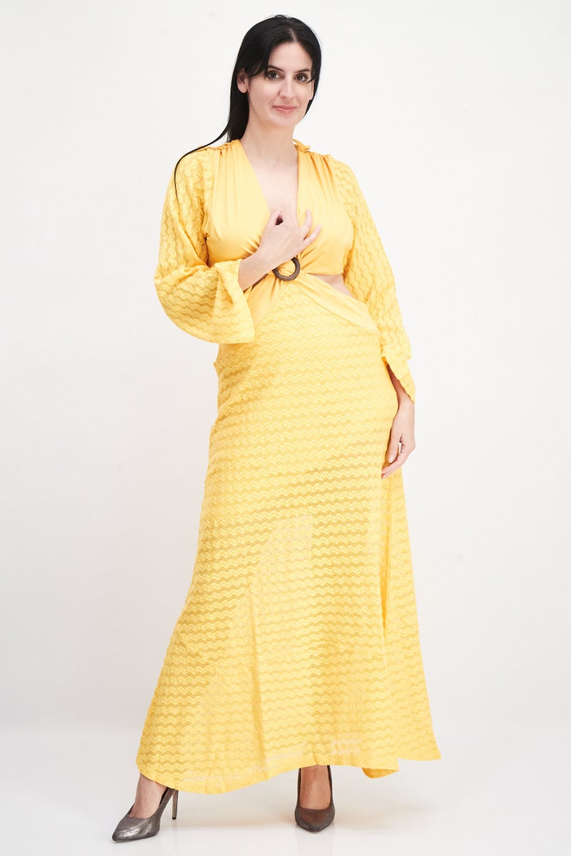 Women Textured Maxi Party Dress, Yellow