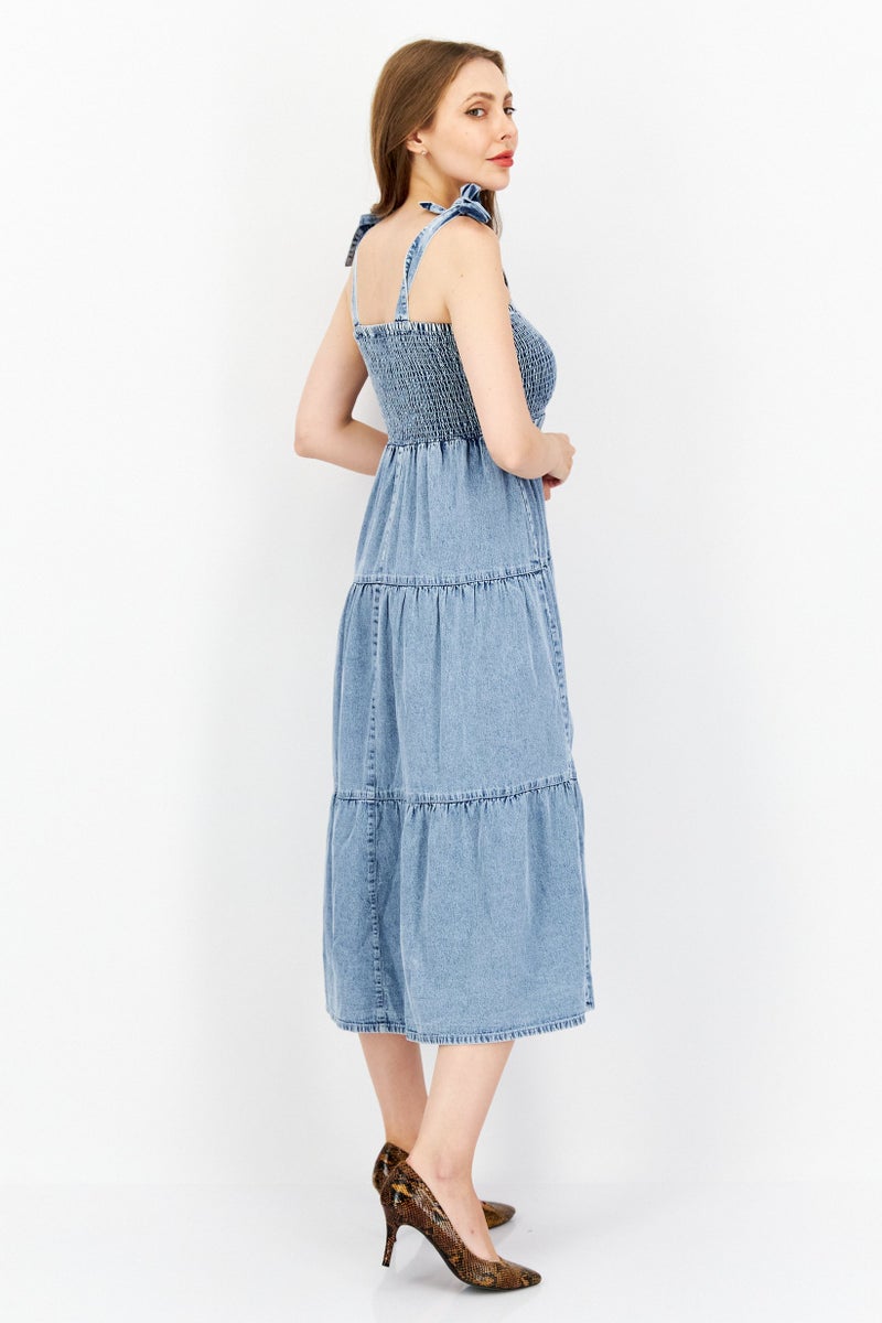 Women Petite Size Washed Denim Midi Dress, Blue