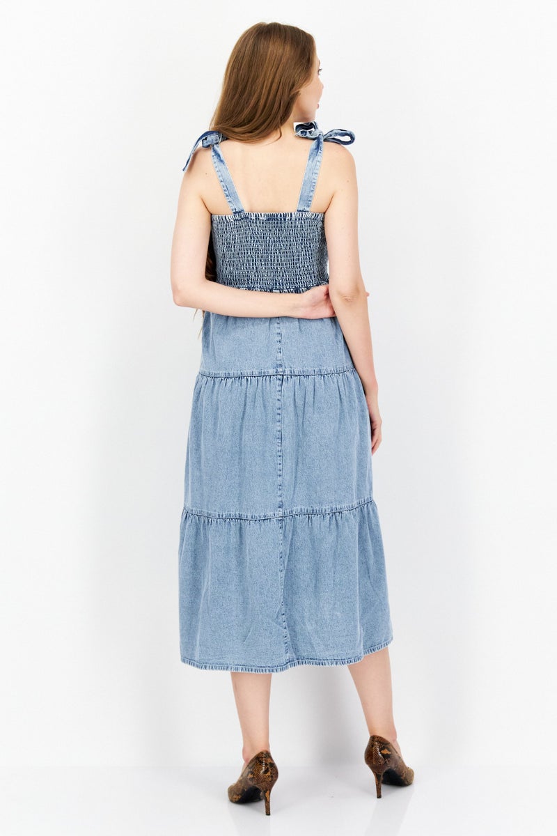 Women Petite Size Washed Denim Midi Dress, Blue