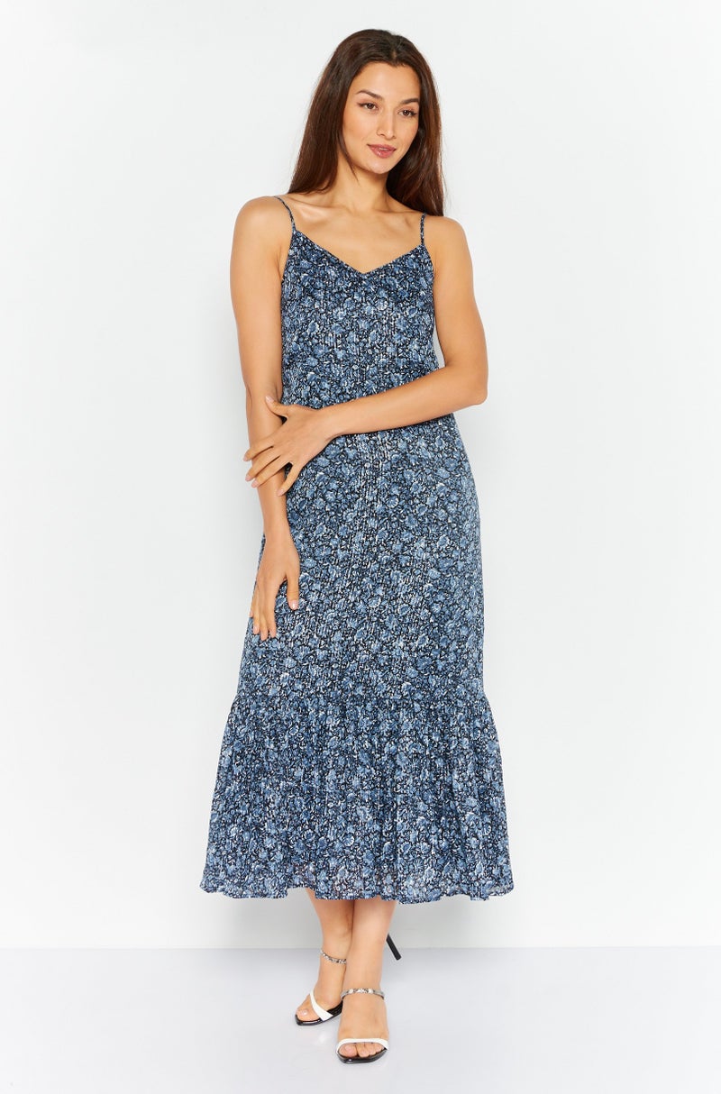 Women Floral Print Midi Dress, Blue/Black