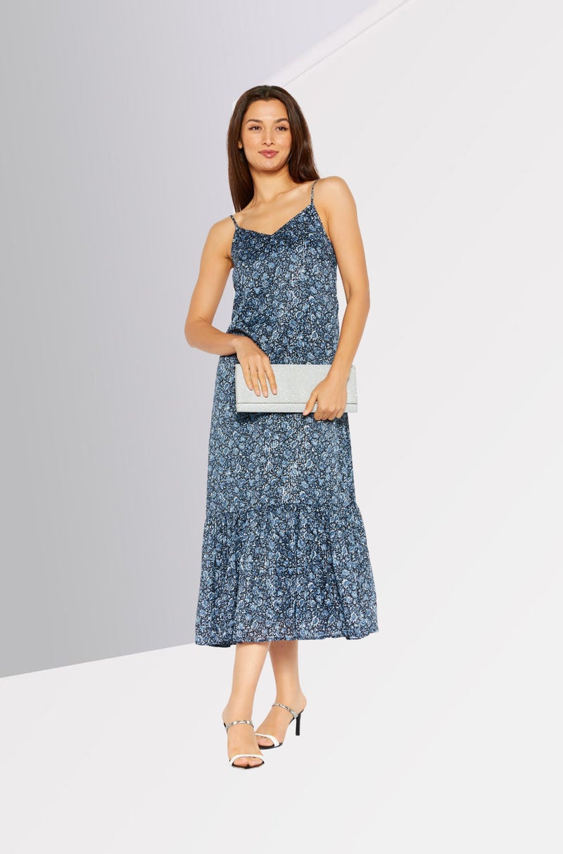 Women Floral Print Midi Dress, Blue/Black