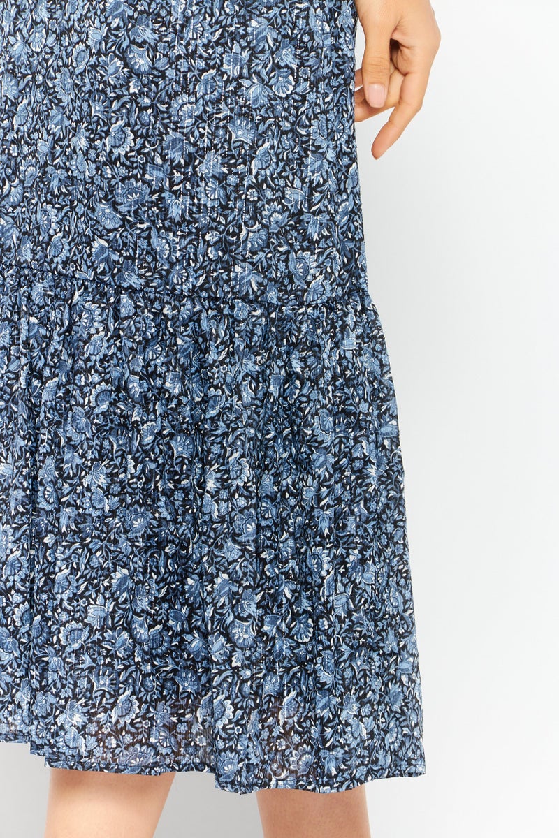 Women Floral Print Midi Dress, Blue/Black