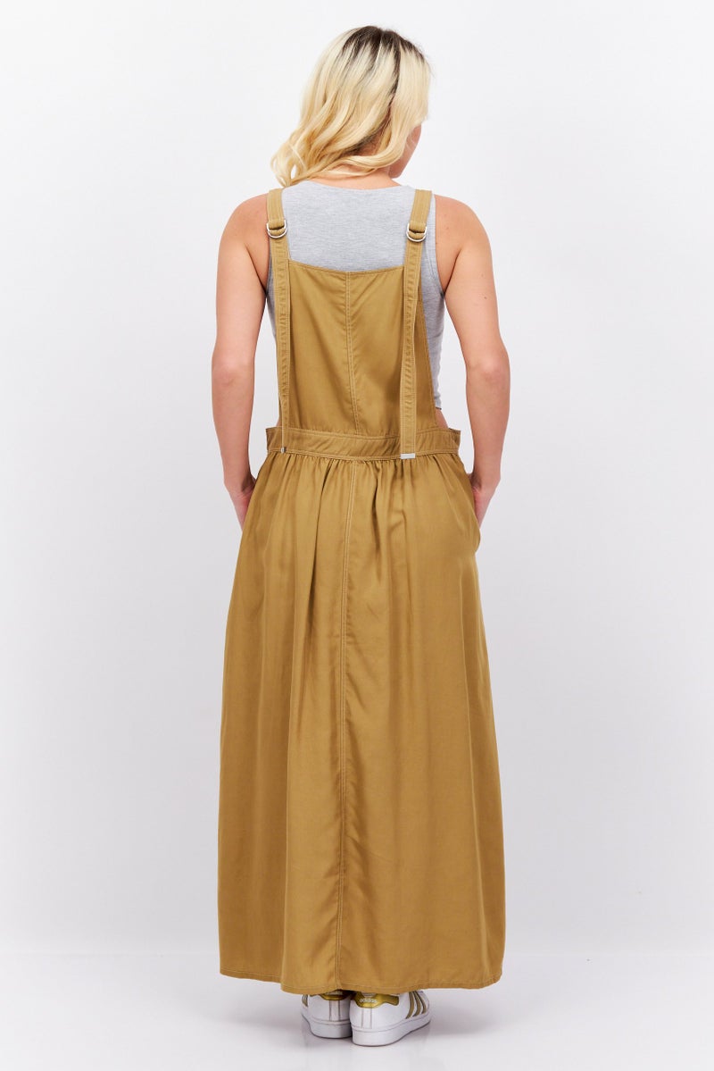 Women Solid Midi Dungaree Dress, Khaki