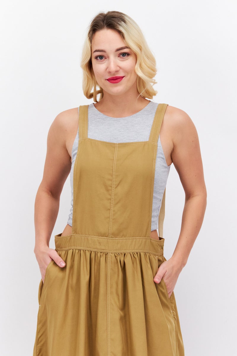 Women Solid Midi Dungaree Dress, Khaki