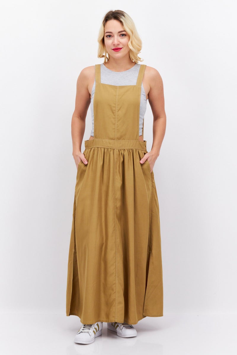 Women Solid Midi Dungaree Dress, Khaki