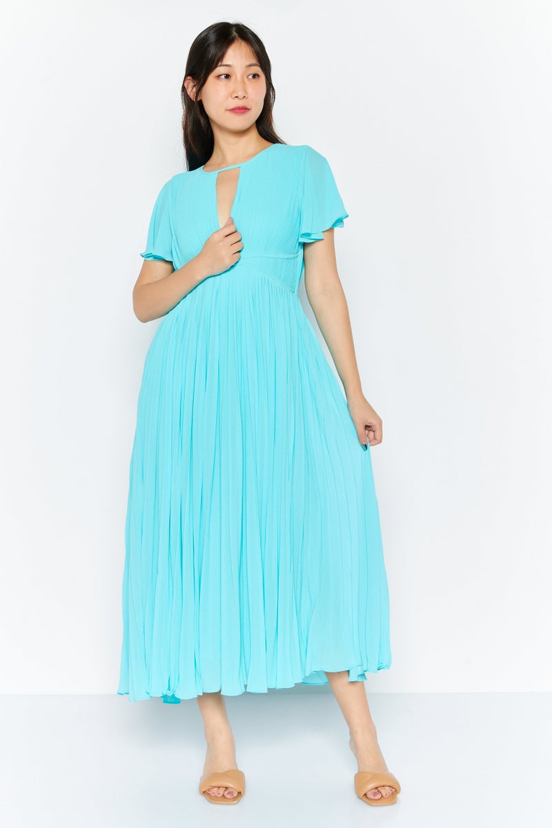 Women Pleated Midi Dress, Turquoise