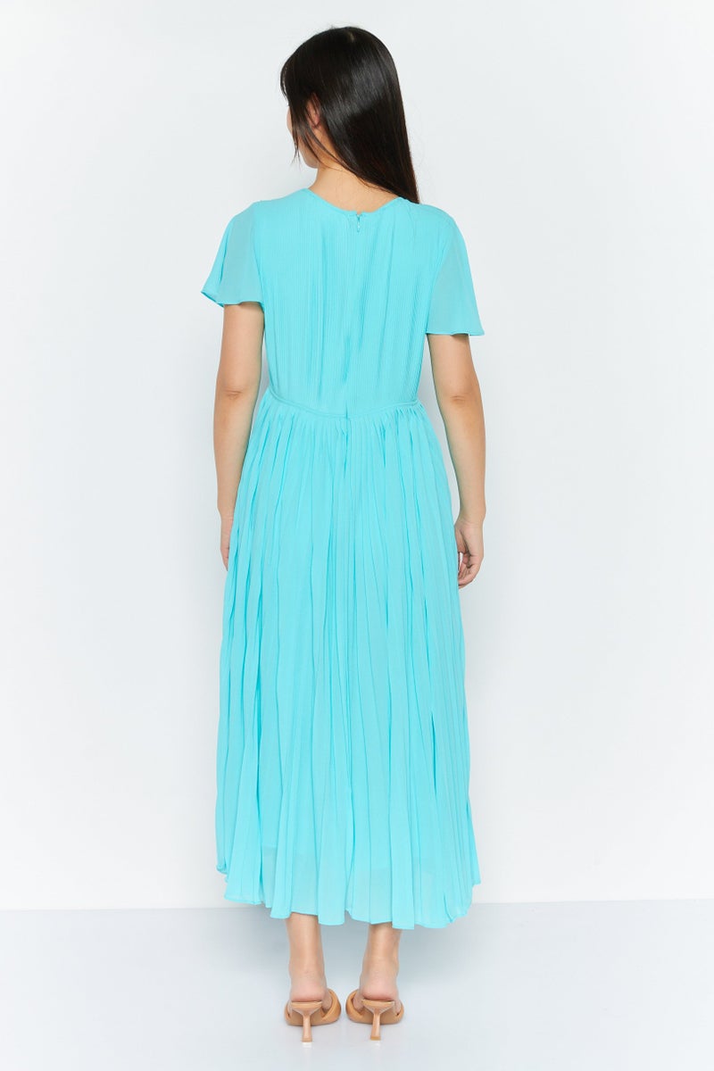 Women Pleated Midi Dress, Turquoise