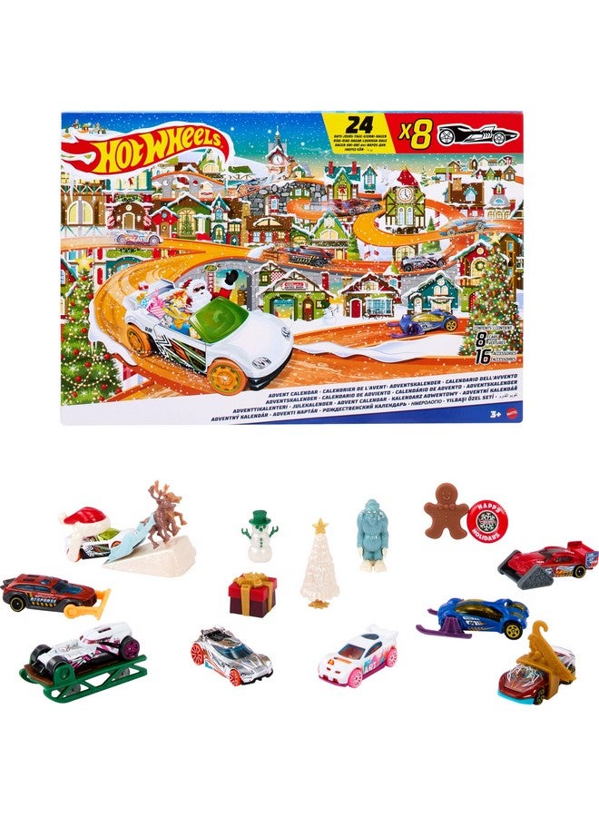 Toy Car Set, 2023 Advent Calendar With 8 1:64 Scale Vehicles, 16 Accessories & Playmat For Kids & Collectors