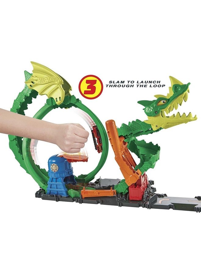 Track Set With 1:64 Scale Toy Firetruck, City Fire Station With Dragon Nemesis And Track Play, Dragon Drive Firefight