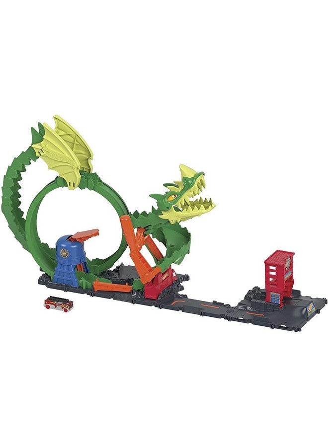 Track Set With 1:64 Scale Toy Firetruck, City Fire Station With Dragon Nemesis And Track Play, Dragon Drive Firefight