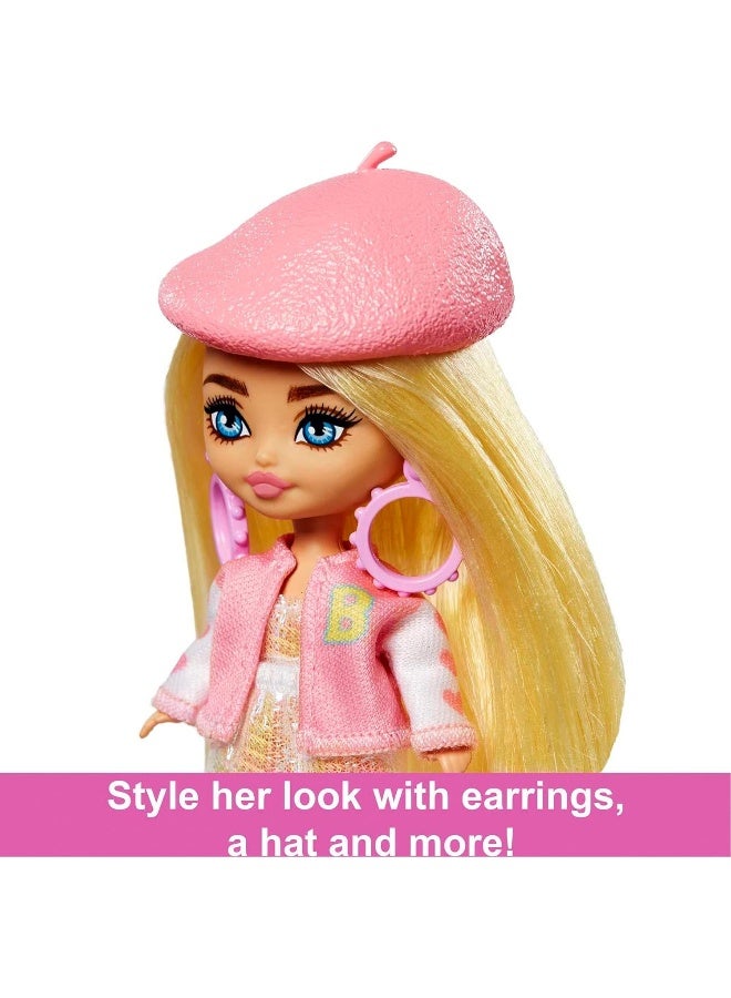 Barbie Extra Mini Minis Doll with Blond Hair, Accessories and Doll Stand, 3.25-inch Collectible