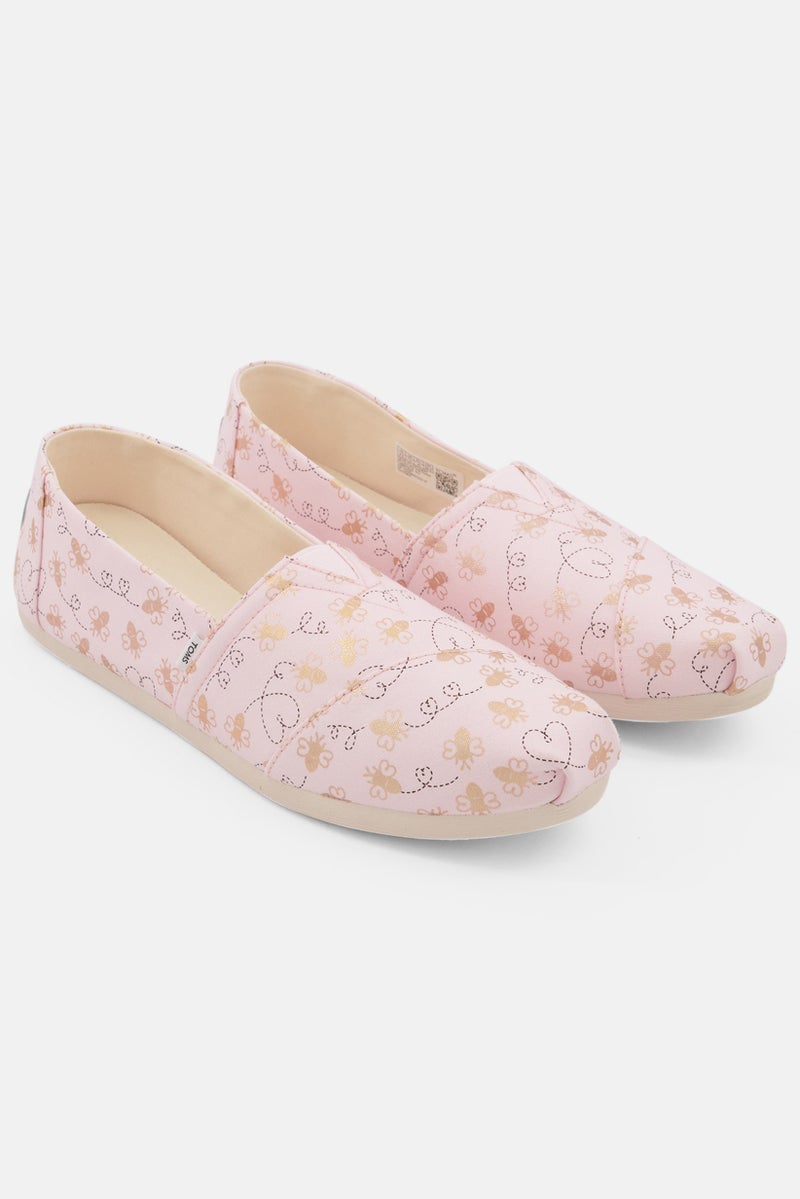 Women Slip On Foil Bee Mine Print Flat Shoes, Pink