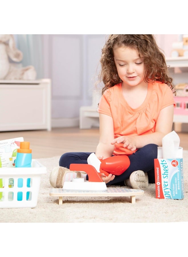 Melissa & Doug Laundry Basket Play Set With Wooden Iron, Ironing Board, And Accessories 14 Pcs