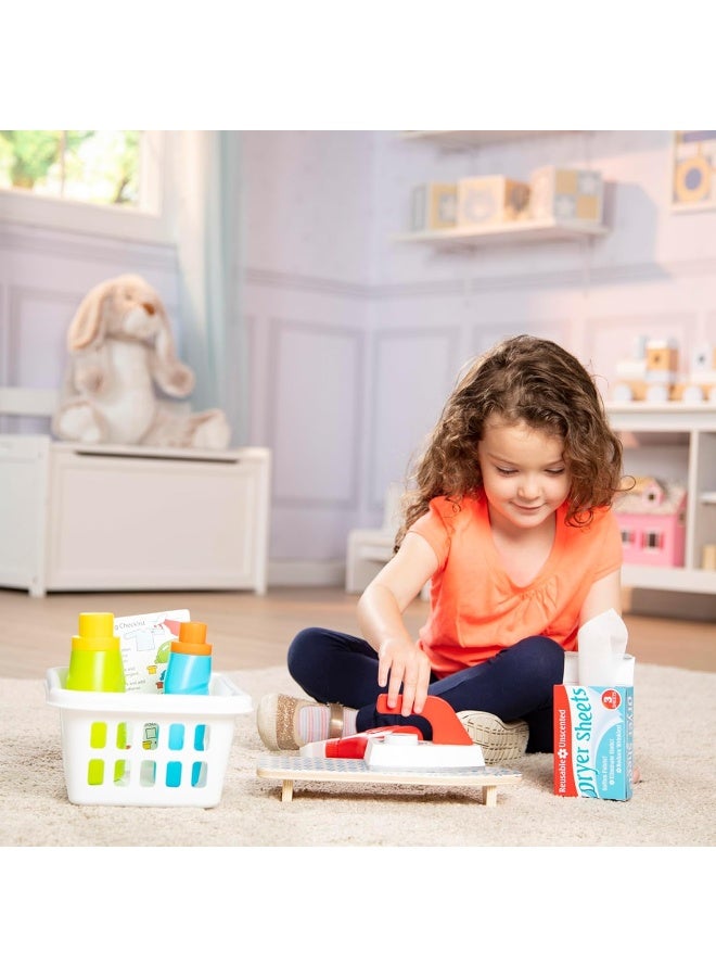 Melissa & Doug Laundry Basket Play Set With Wooden Iron, Ironing Board, And Accessories 14 Pcs