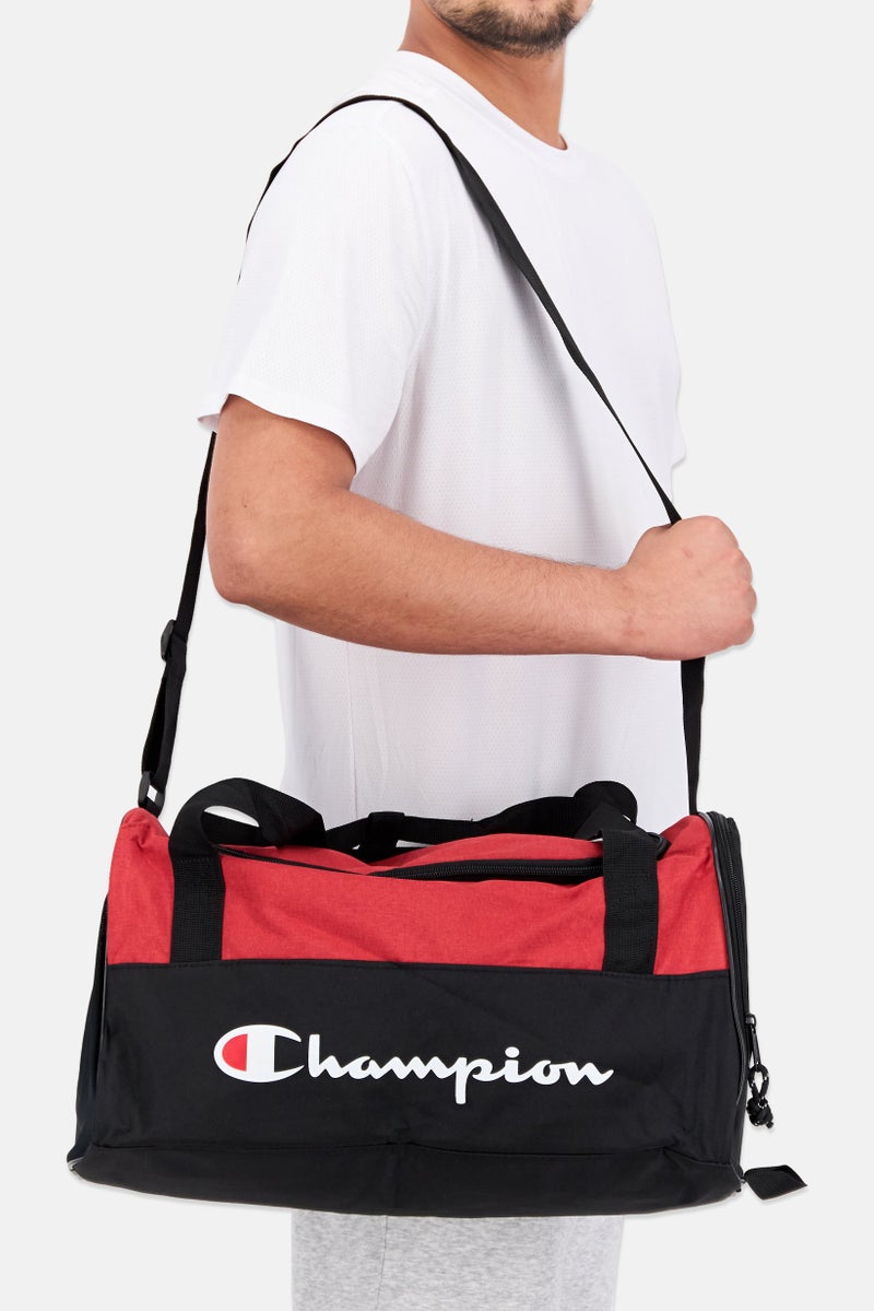 Men Brand Logo Duffle Sport Bag 24 H X 44 L X 24 W cm, Red/Black