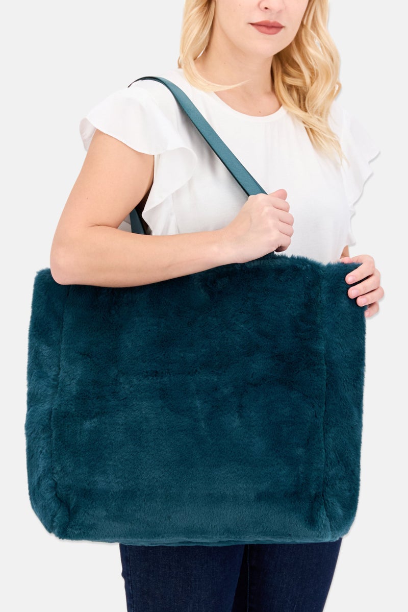 Women Faux Fur Tote Bag 40 H x 38 L x 8 W cm, Teal Green