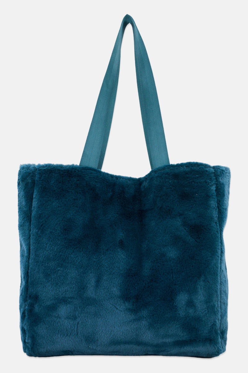 Women Faux Fur Tote Bag 40 H x 38 L x 8 W cm, Teal Green