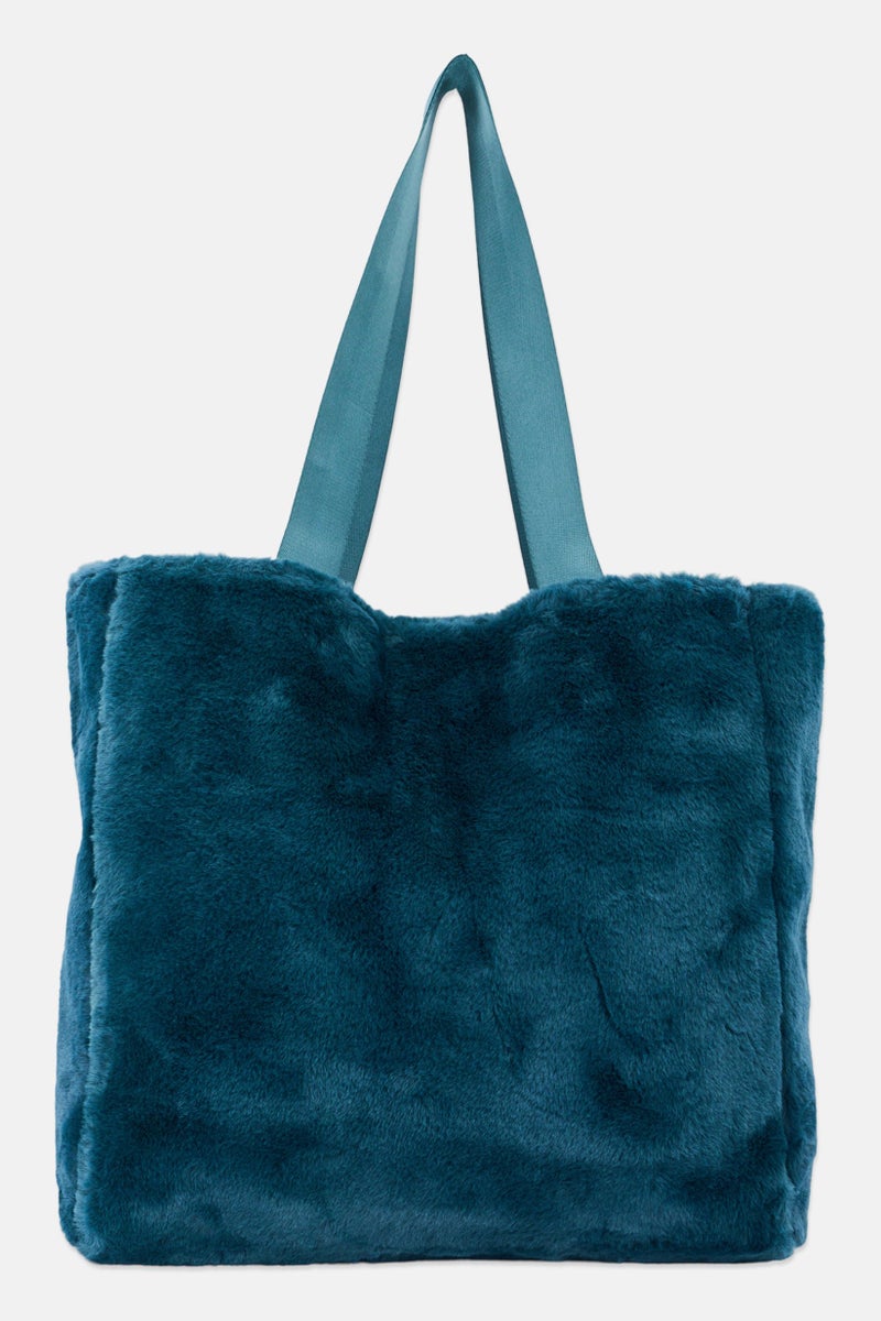 Women Faux Fur Tote Bag 40 H x 38 L x 8 W cm, Teal Green