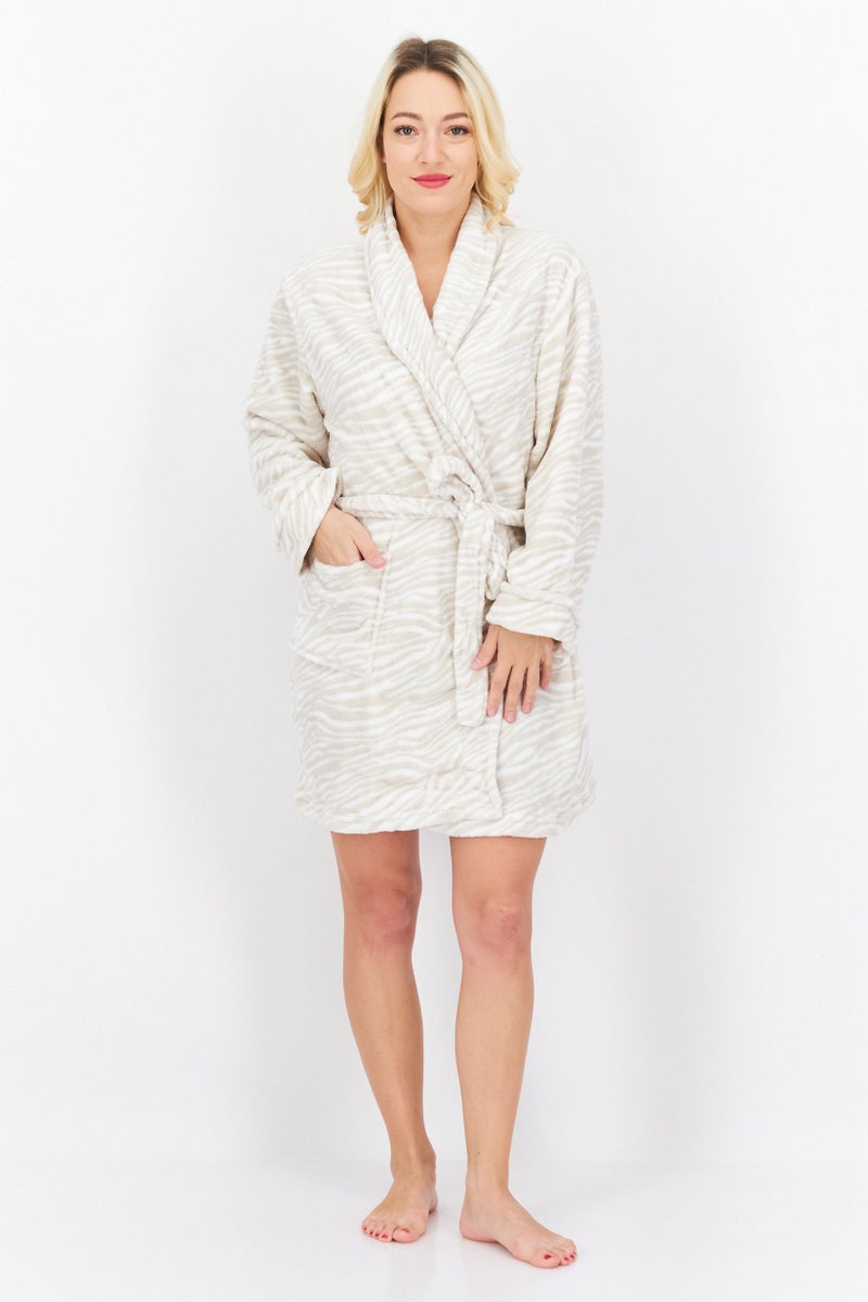 Women Belted Bath Robe, White Combo