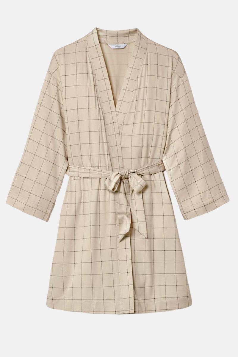 Women Tie Closure Checkered Robe, Beige