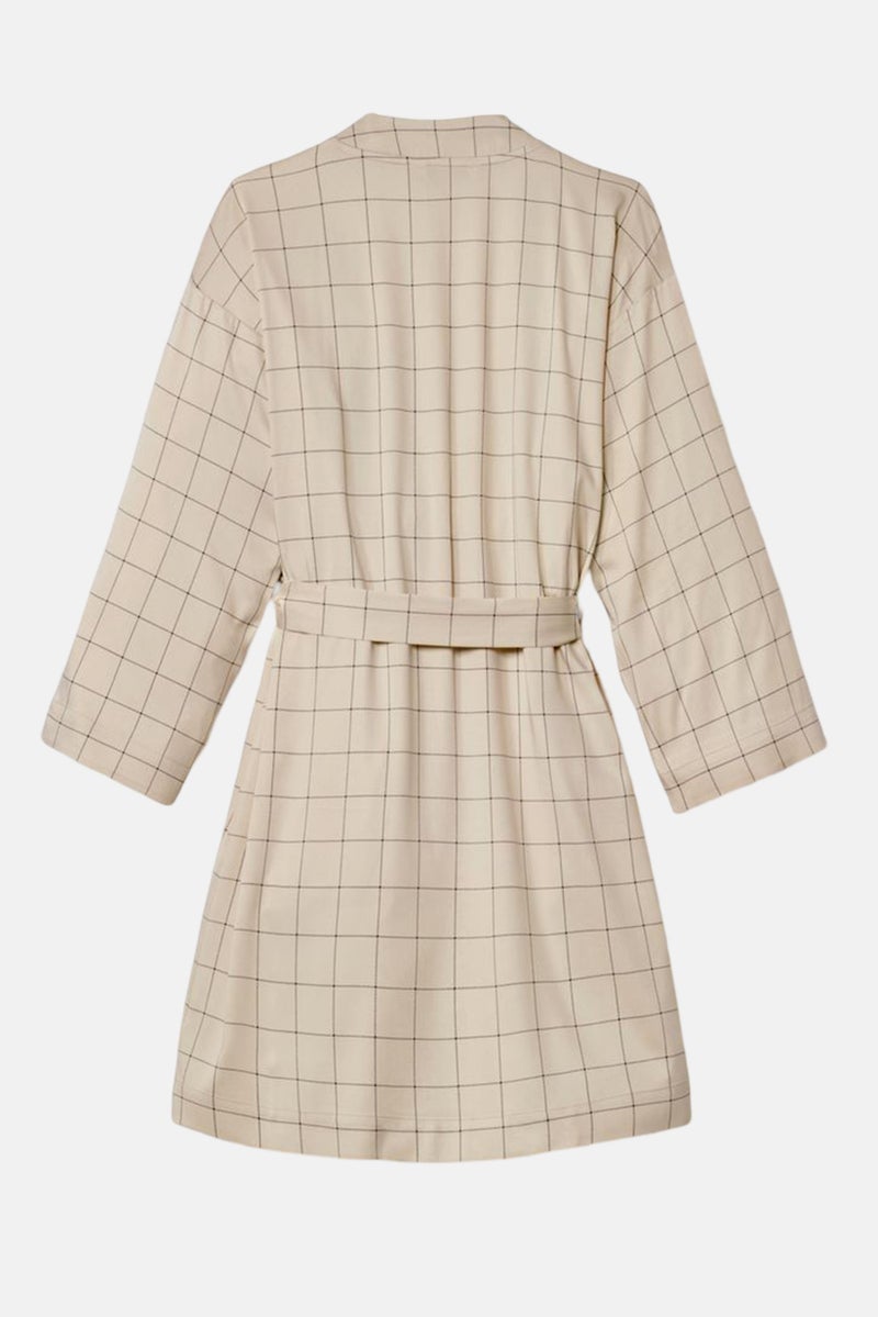 Women Tie Closure Checkered Robe, Beige