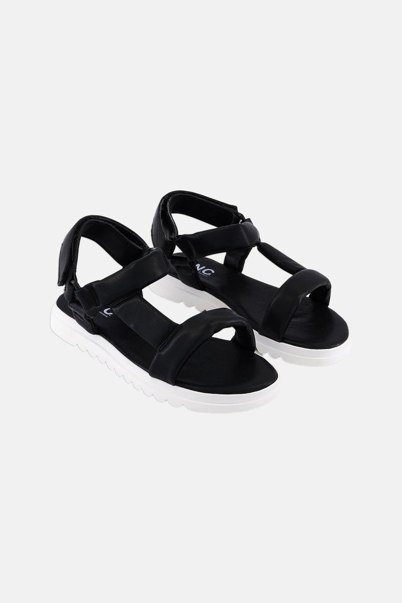 Kids Girl Velcro Closure Sandals, Black/White