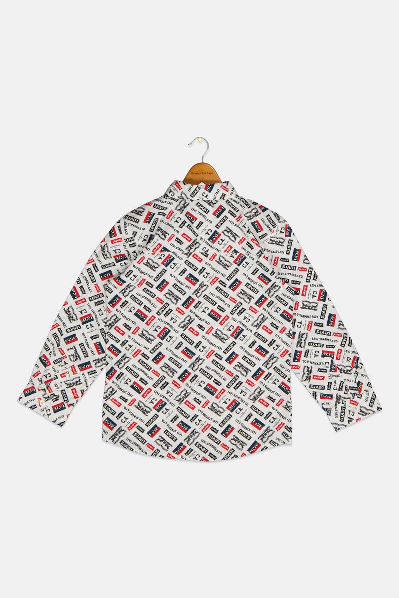 Kids Boy Long Sleeve Printed Shirt, White Combo