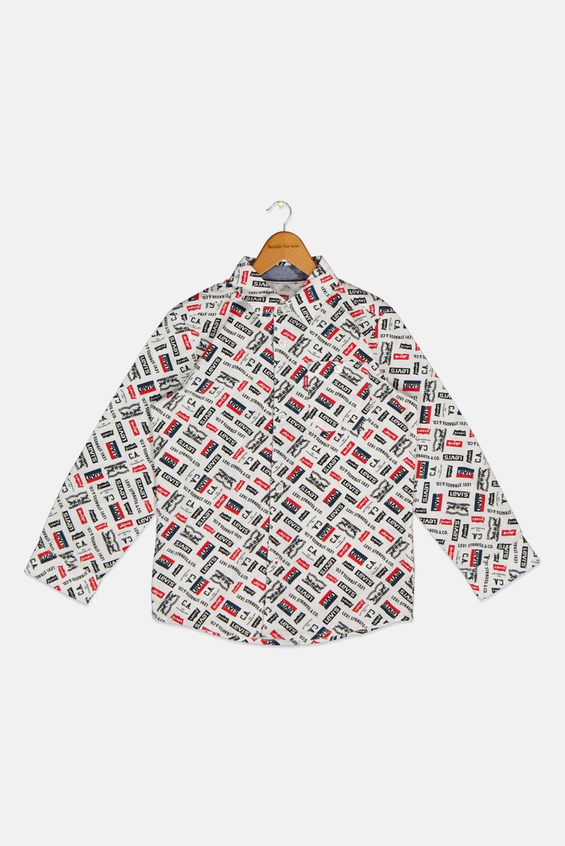 Kids Boy Long Sleeve Printed Shirt, White Combo