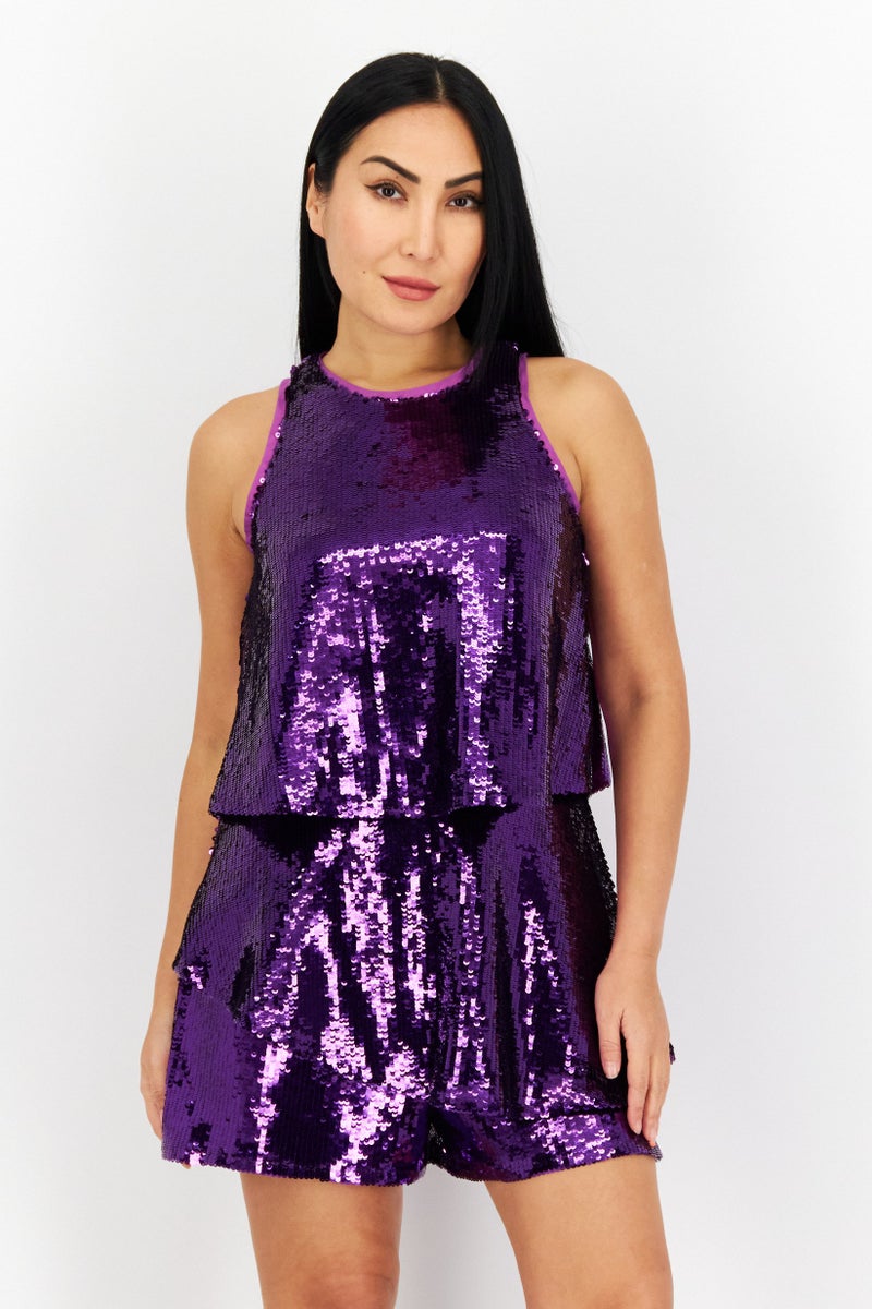 Women Textured Sleeveless Playsuits, Purple