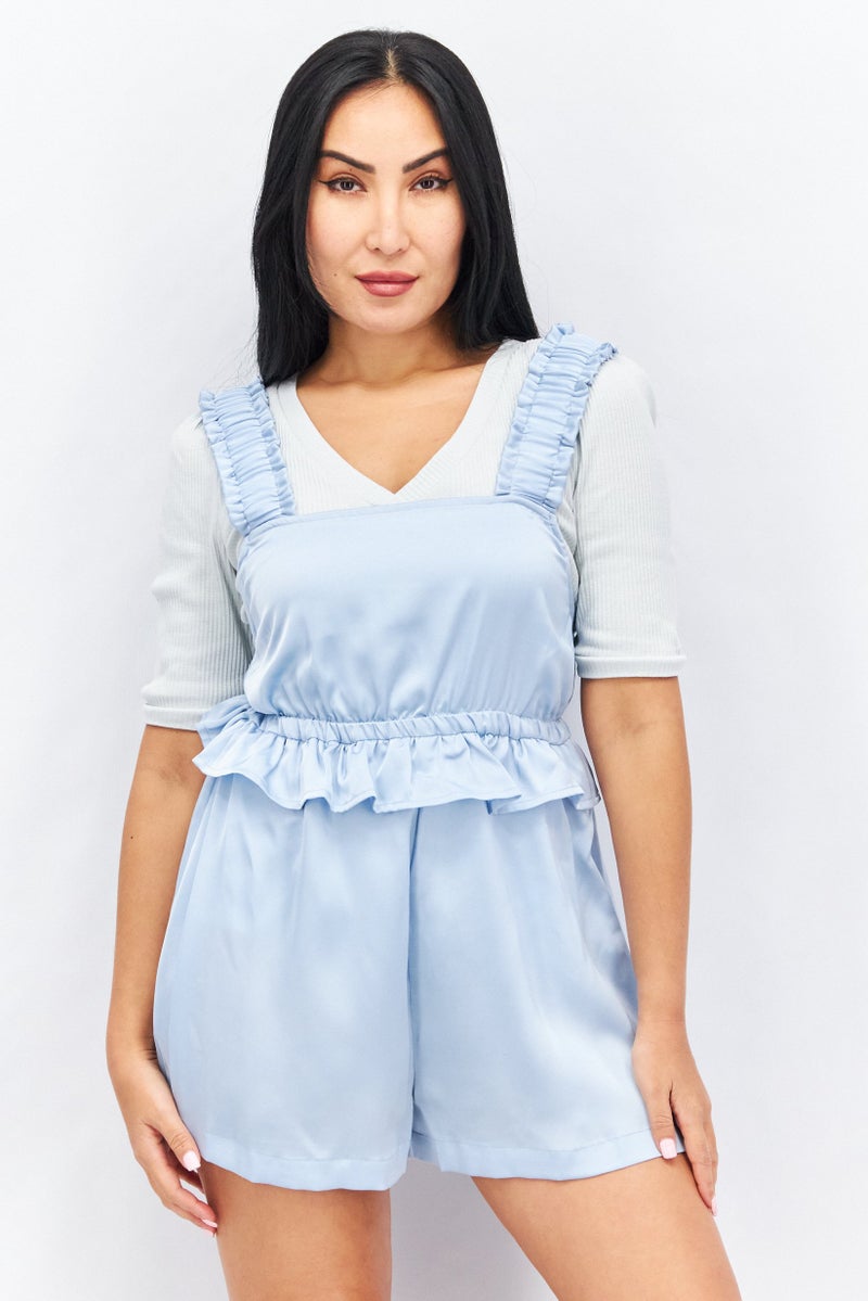 Women Square Neck Sleeveless Solid Playsuit, Blue