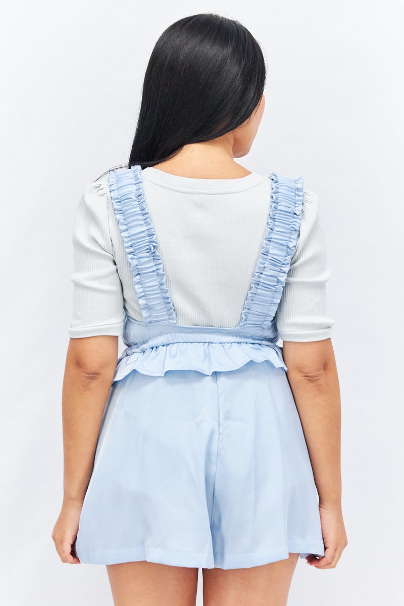 Women Square Neck Sleeveless Solid Playsuit, Blue
