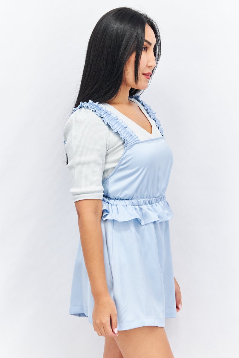 Women Square Neck Sleeveless Solid Playsuit, Blue