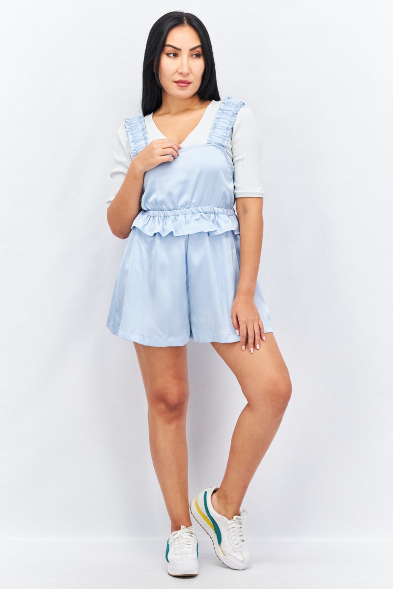 Women Square Neck Sleeveless Solid Playsuit, Blue