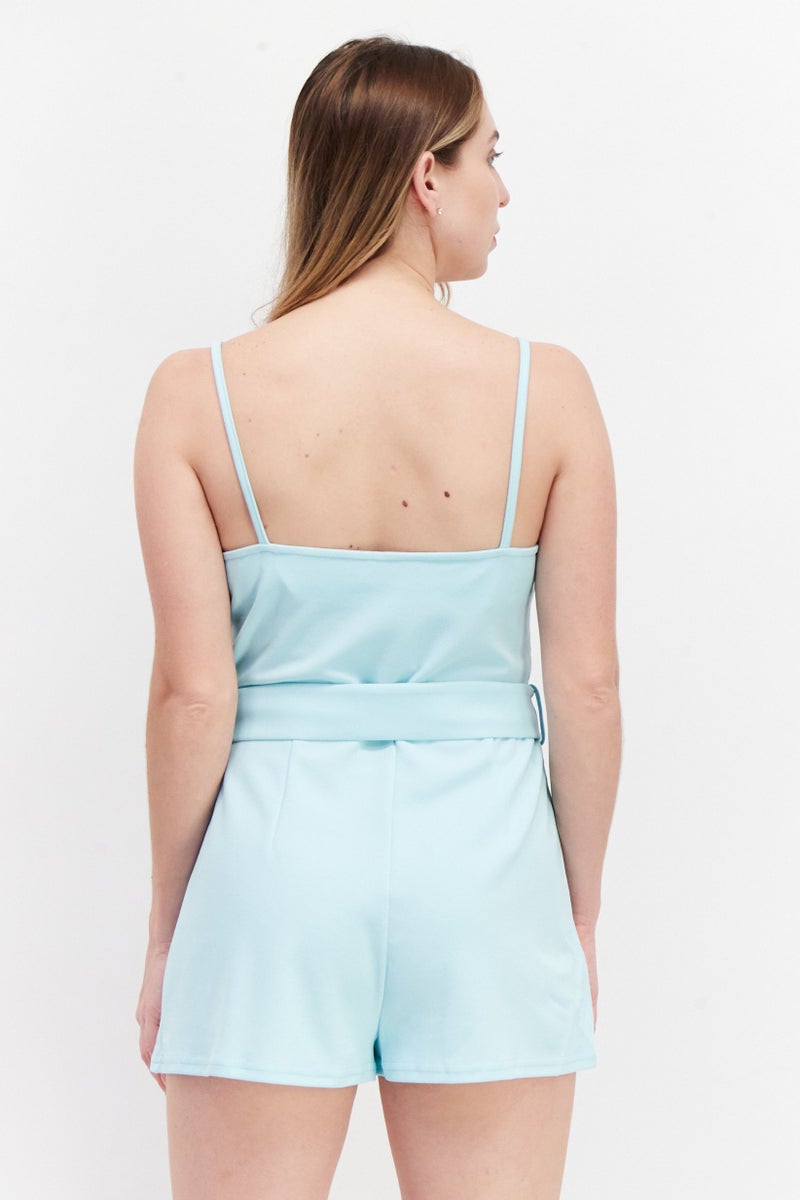 Women Petite Plain Sleeveless Playsuit, Turquoise