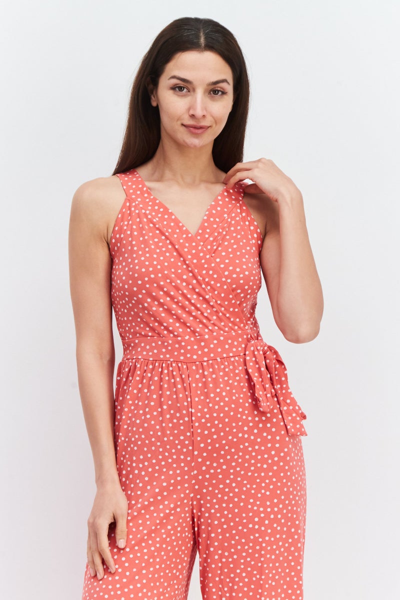 Women Polka Dots Sleeveless Jumpsuit, Pink