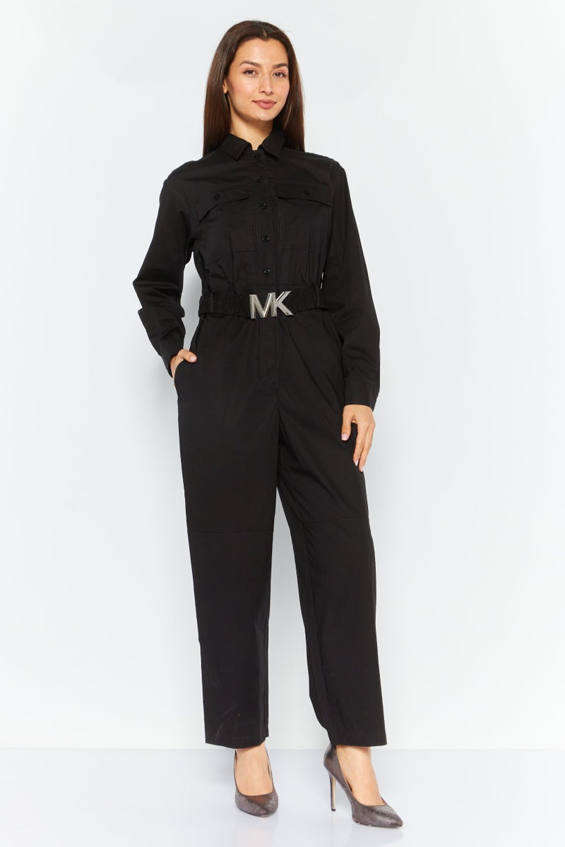 Women Plain Long Sleeve Belted Jumpsuit, Black